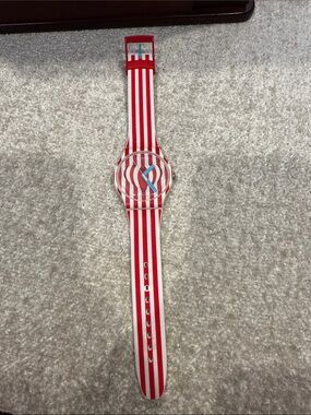 Swatch Red and White Striped Silicone Watch with Blue Hands